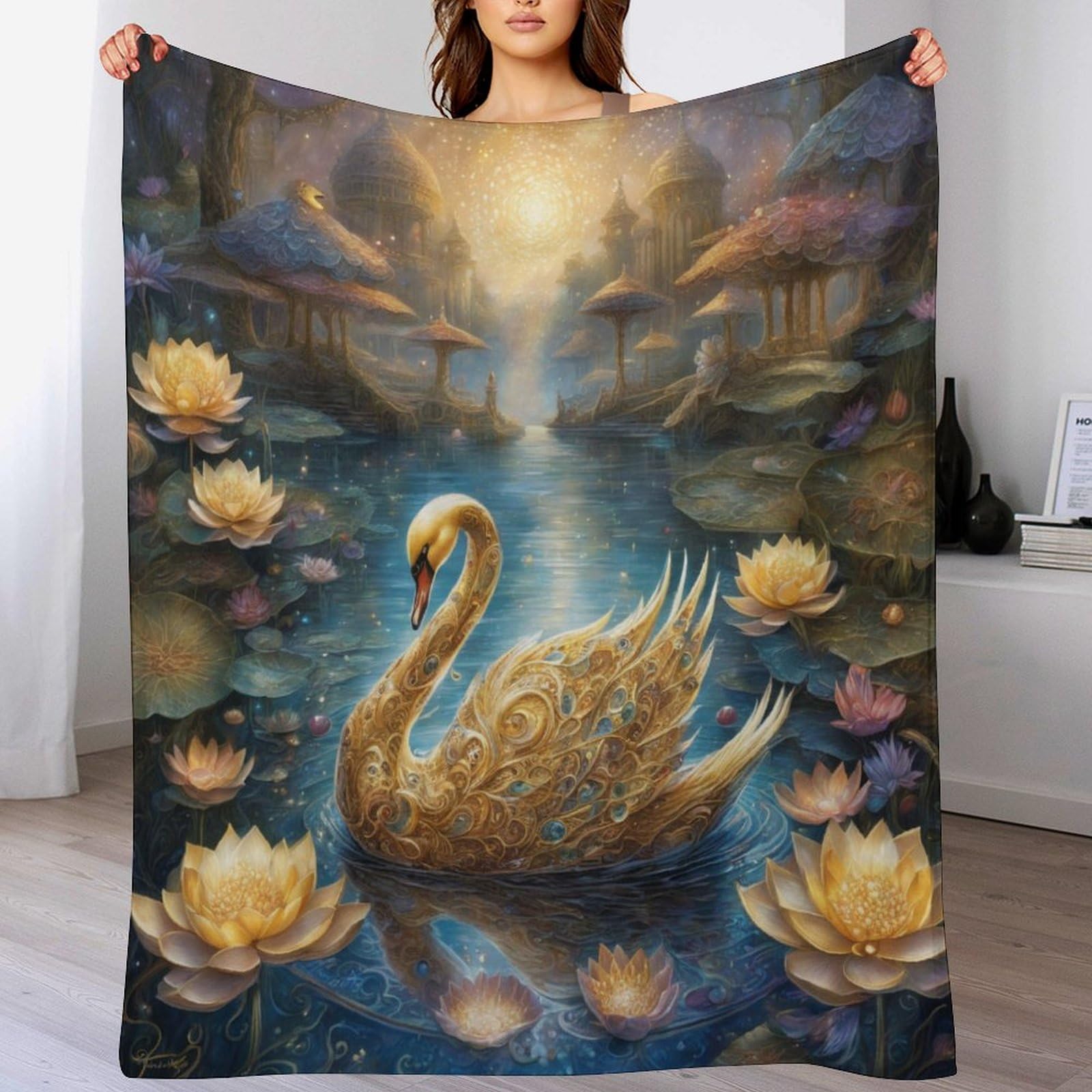 Couverture cygne en flannel douce 130x180cm pour lit et canapé