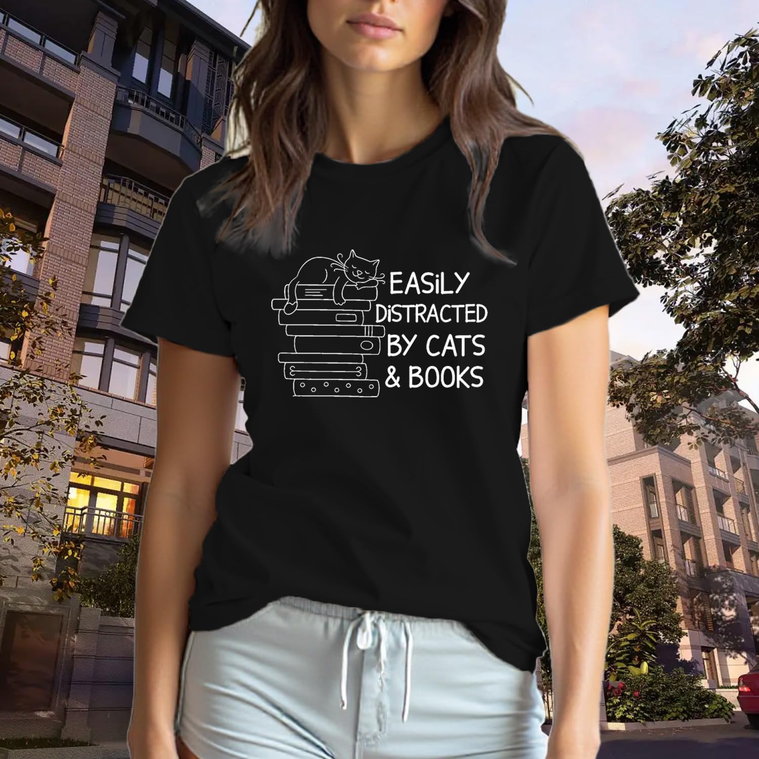 Book Lover Shirts for Women Cat Lover Tshirts Easily Distracted by Cats and Books Tee Tops - Image 3