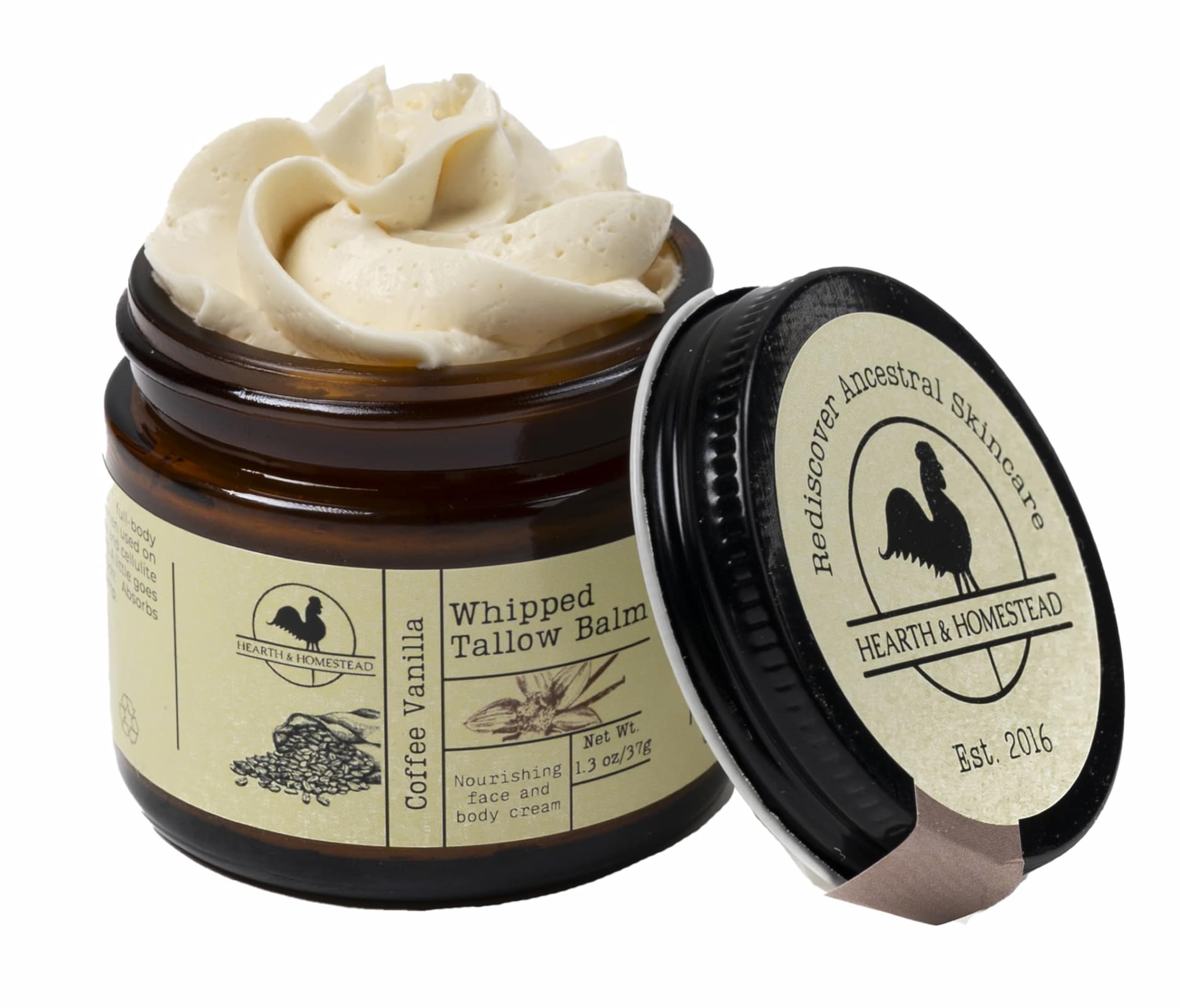 Hearth and Homestead: Handmade Whipped Tallow Balm (Coffee Vanilla) - Organic Body Butter with Infused Olive Oil - 1.3 oz