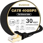Cat 8 Ethernet Cable 30 FT, BUSOHE 40Gbps 2000MHz Cat8 High Speed Flat Internet Network Patch Cord, SFTP Shielded LAN Wire with Gold Plated RJ45 Connector, with Clips, for Outdoor Indoor- 30FT Black