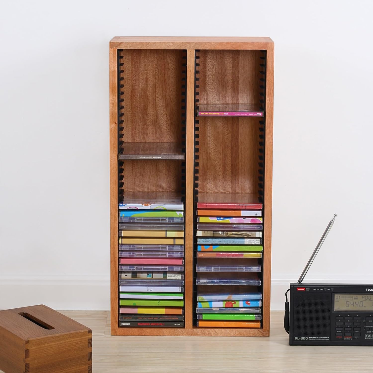 Solid Wood CD Storage Box 56 x 16 x 30 cm, Desktop 2 Tier CD Holder DVD Organizer Rack CD & DVD Collection Display Shelf Game Disc Rack, Holds 78 CD Jewel Cases