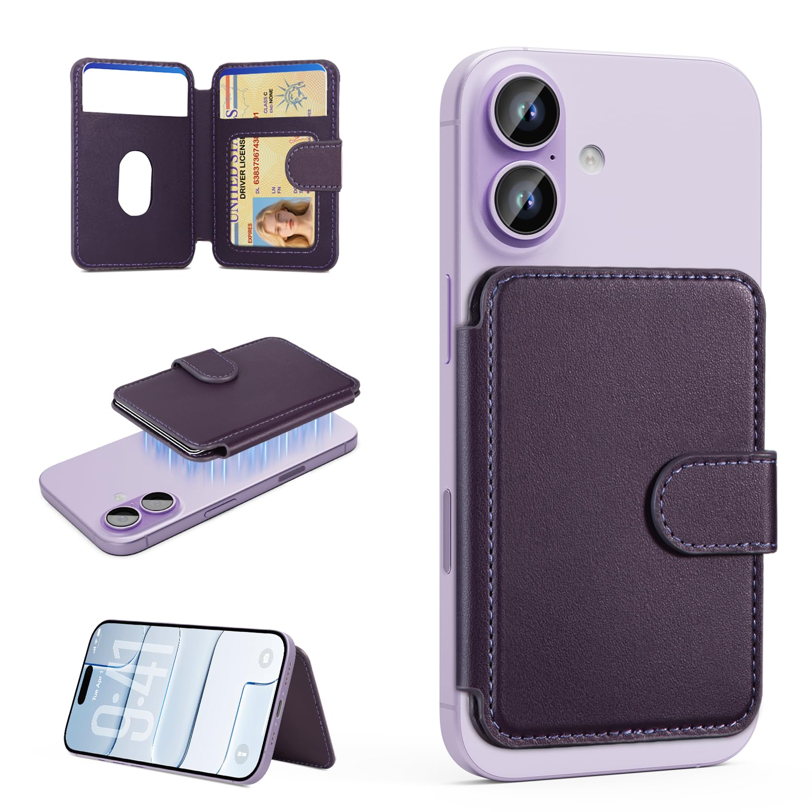 TopMade for Magsafe Wallet, Strongest Magnetic Card Holder for iPhone 17/16/15/14/13/12 Series, Slim Magnetic Phone Wallet, RFID Blocking, Vegan Leather, Open ID Window, 4 Cards Holder, Purple-image-5