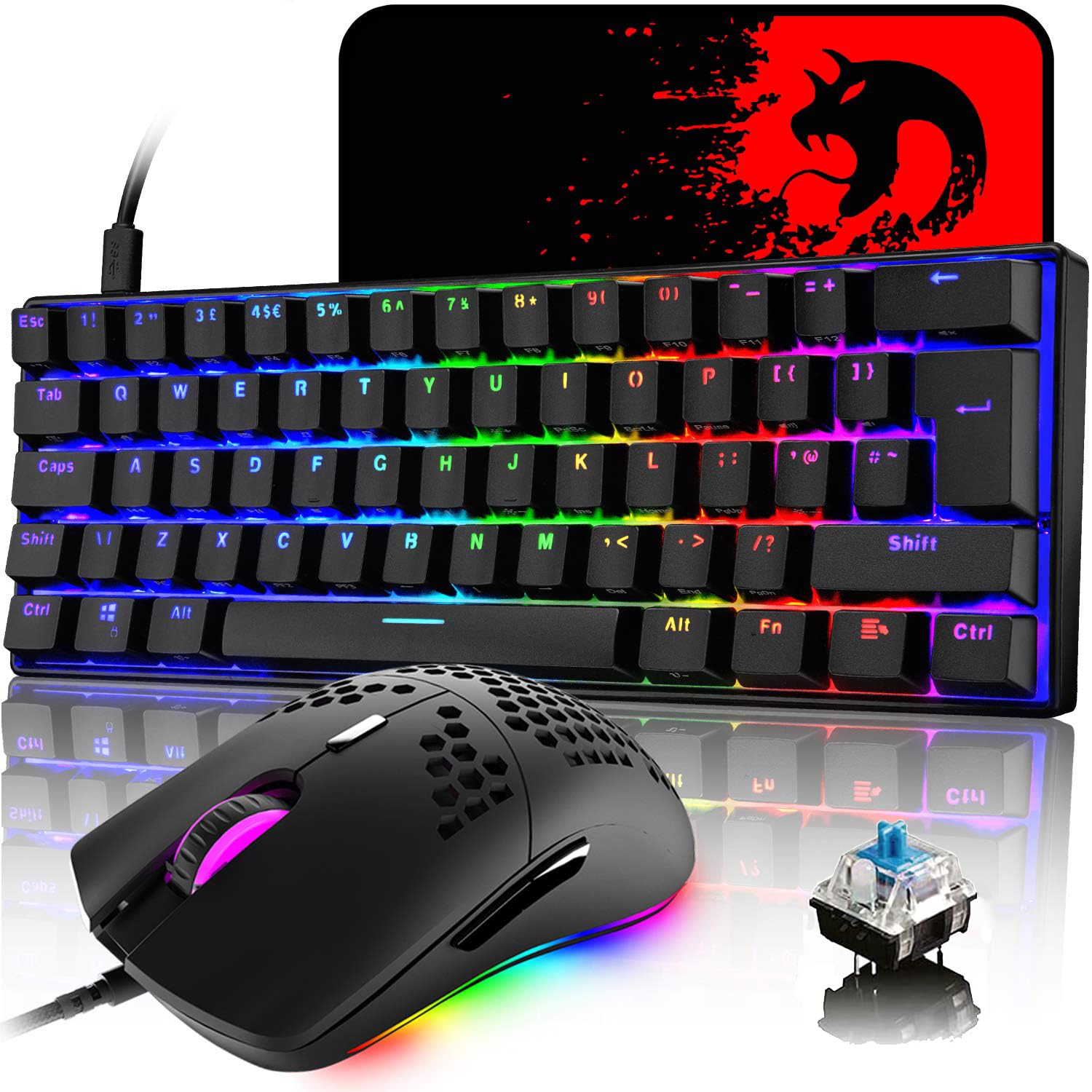 LexonElec MK21 UK Layout 60% Teclado Mecánico Set, 62 Teclas con Cable RGB Teclado Retroiluminado para Juegos + 6400DPI Ratón de Nido de Abeja Ultraligero + Mouse Pad para PC Mac - Black/Blue Switch
