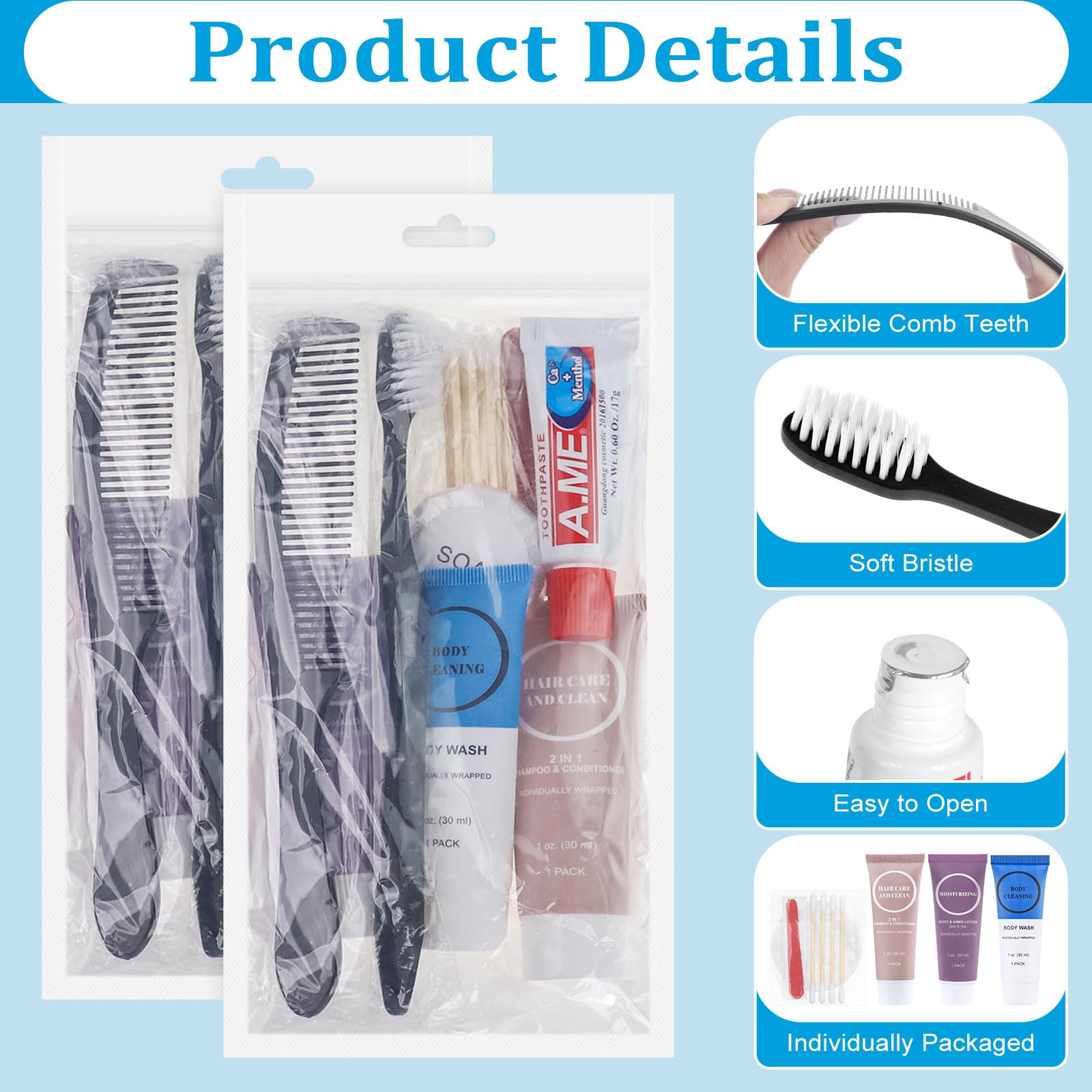 Trousse de toilette jetables en vrac - Fournitures de voyage - Essentiels d'hygiène personnelle pour homme et femme - Taille d'essai - Pour hôtel, camping, association caritative, sans-abri