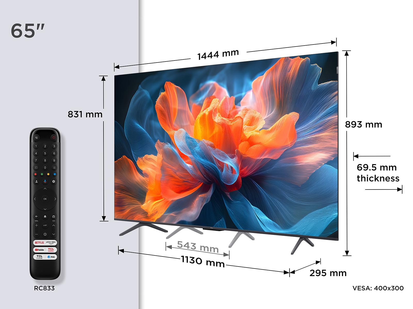 TCL 65T8C 65" QLED 4K HDR Ultra HD TV, Smart TV Powered by Google TV (Dolby Vision & Atmos, 144Hz Motion Clarity Pro, FreeSync, Onkyo 2.1 Sound, Voice Control)