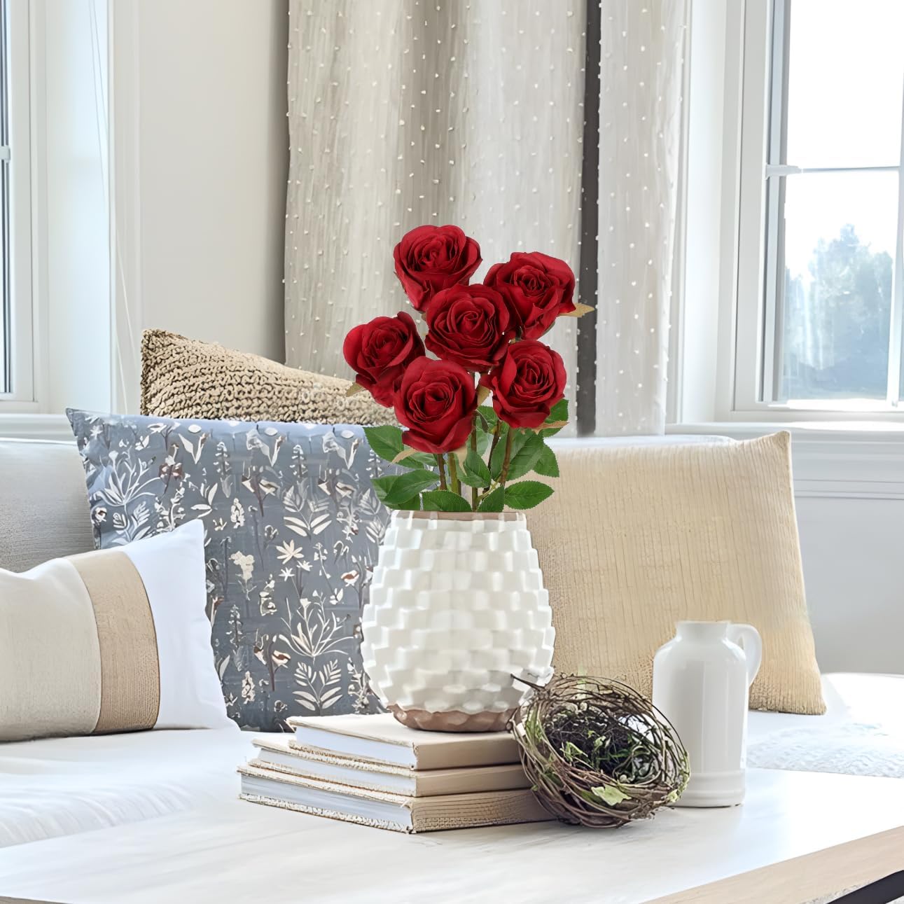 Briful Red Artificial Roses – 6PCS 18.9" Silk Rose Faux Flowers with Long Stems Realistic Fake Rose Bouquet for DIY Wedding Arrangements Table Vase Centerpieces Home Event Decor - Image 6