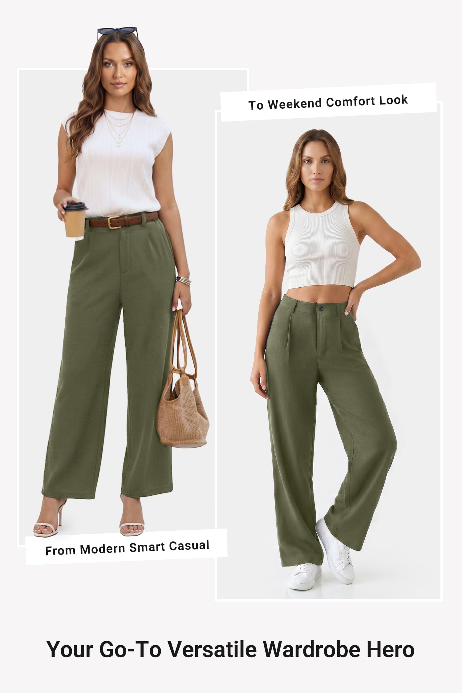Enmain Pantalones Mujer Vestir Verano Cintura Alta Elástico Pierna Recta Ancha Antiarrugas Pantalon Palazzo Fluido Largo