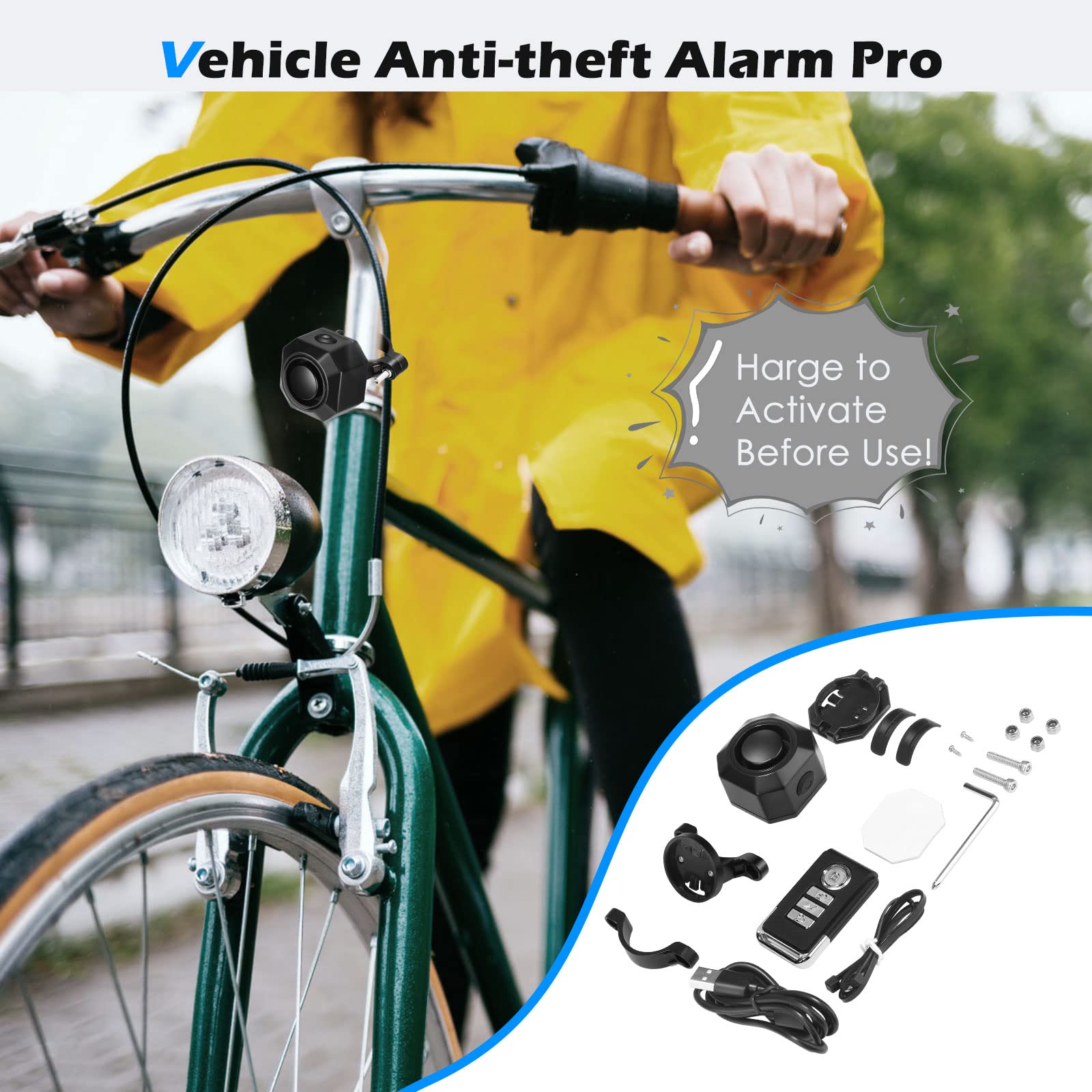 Towwoo Allarme per Bici Con Telecomando - 110 dB Intelligente Senza Fili, Ricaricabile USB Con Sensore Antifurto, 7 Livelli di Sensibilità Regolabili per Bici/Moto/Scooter/Auto