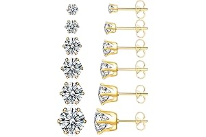 Cubic Zirconia Earrings Studs - 6 Pairs of Hypoallergenic 14K White Gold...