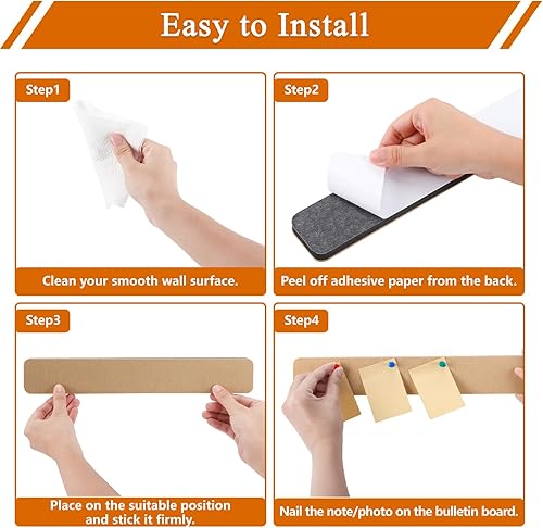 Miniatura 6 de 8 tiras rectangulares de corcho de fieltro con 35 chinchetas, tiras autoadhesivas para tablón de anuncios para oficina, escuela, hogar, decoración