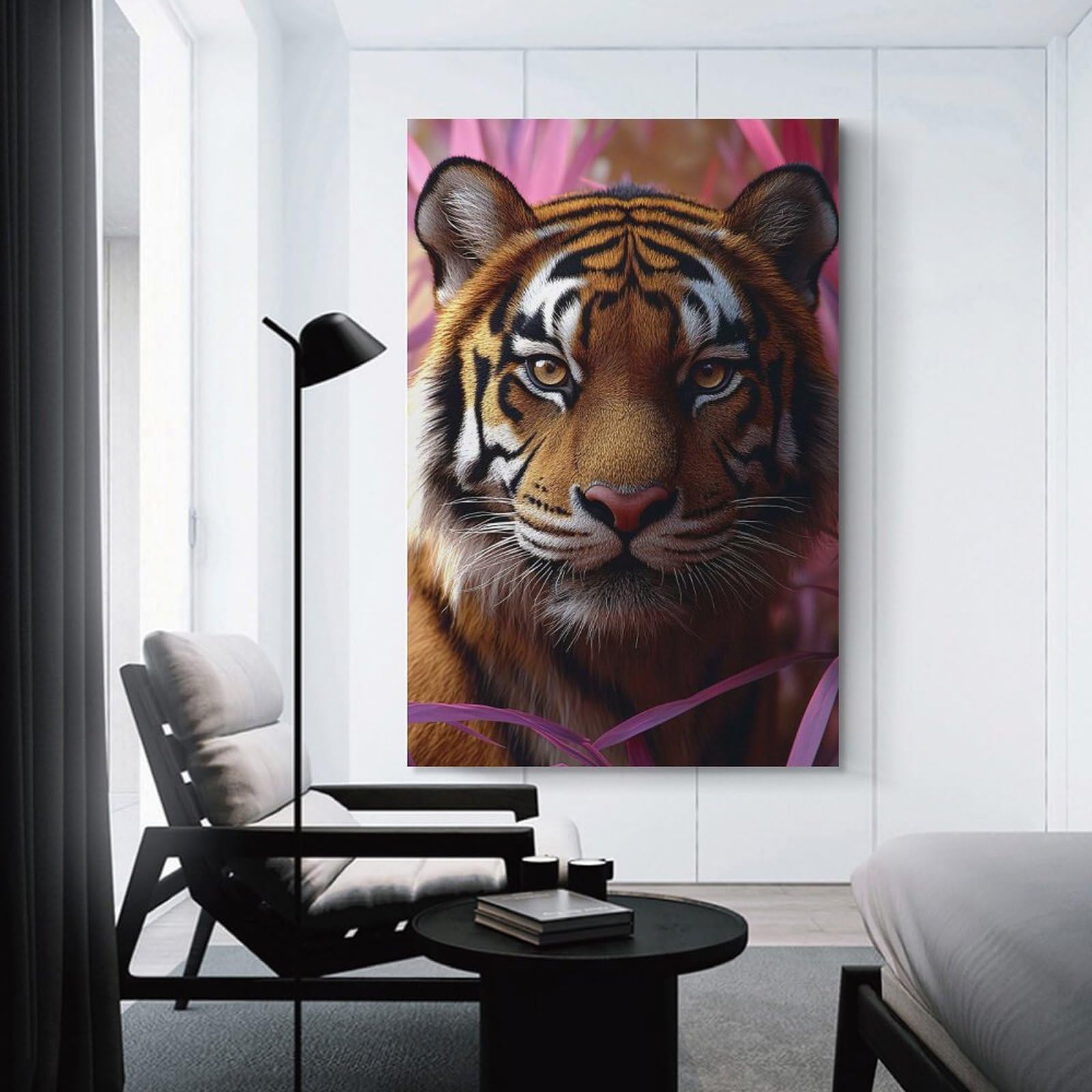 Junmoney Tiger Portrait with Pink Foliage Hanging Wall Art 20x30inch(50x75cm), for New Homes, Bedrooms Or Workspaces, Thoughtful Wall Decor for Art Lovers