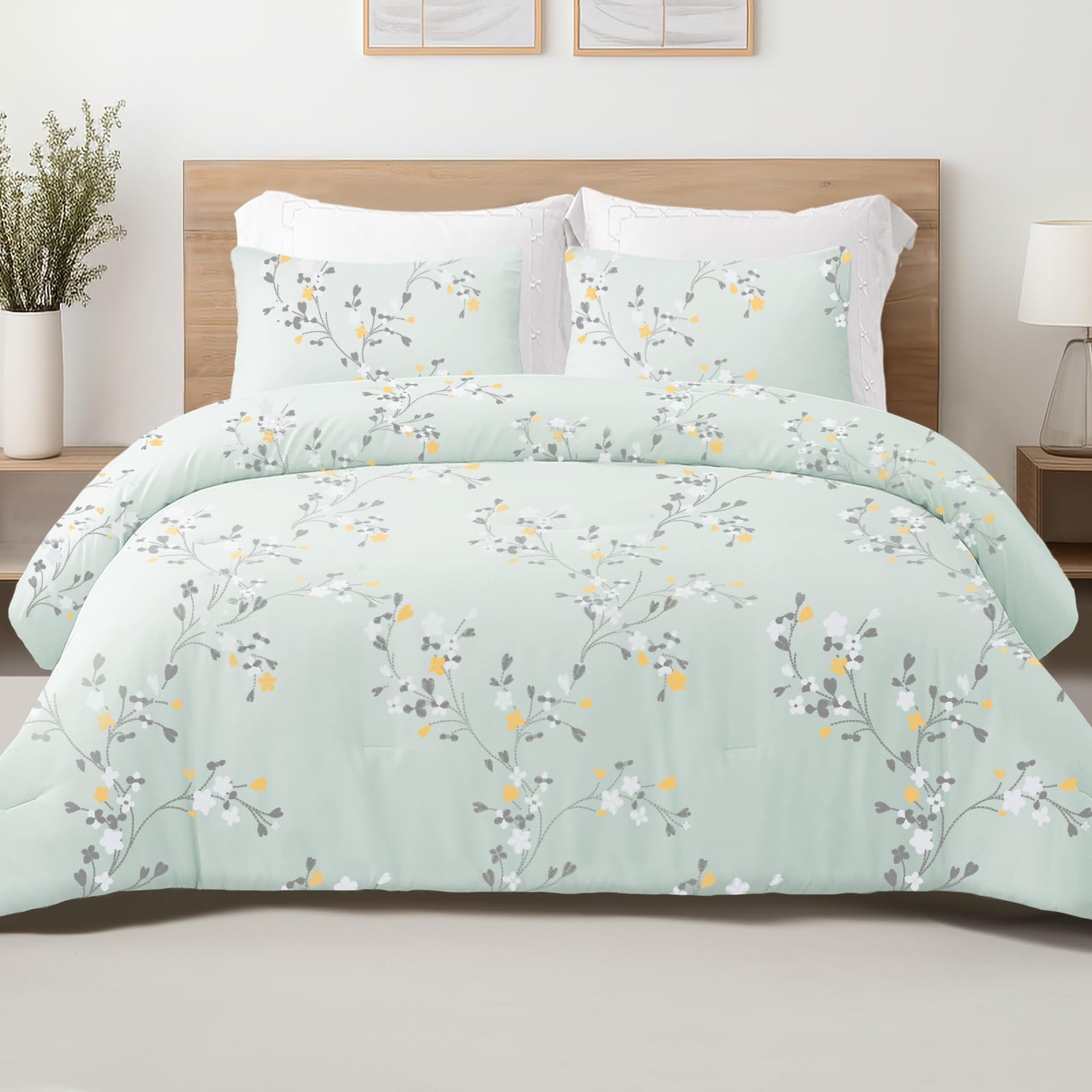 Exclusivo Mezcla Ensemble de Couette sans Housse avec 2 Taies d'oreiller, Légère, Réversible et Chaude, Toutes Saisons avec Motif Floral, 200 x 200 CM, Vert Menthe