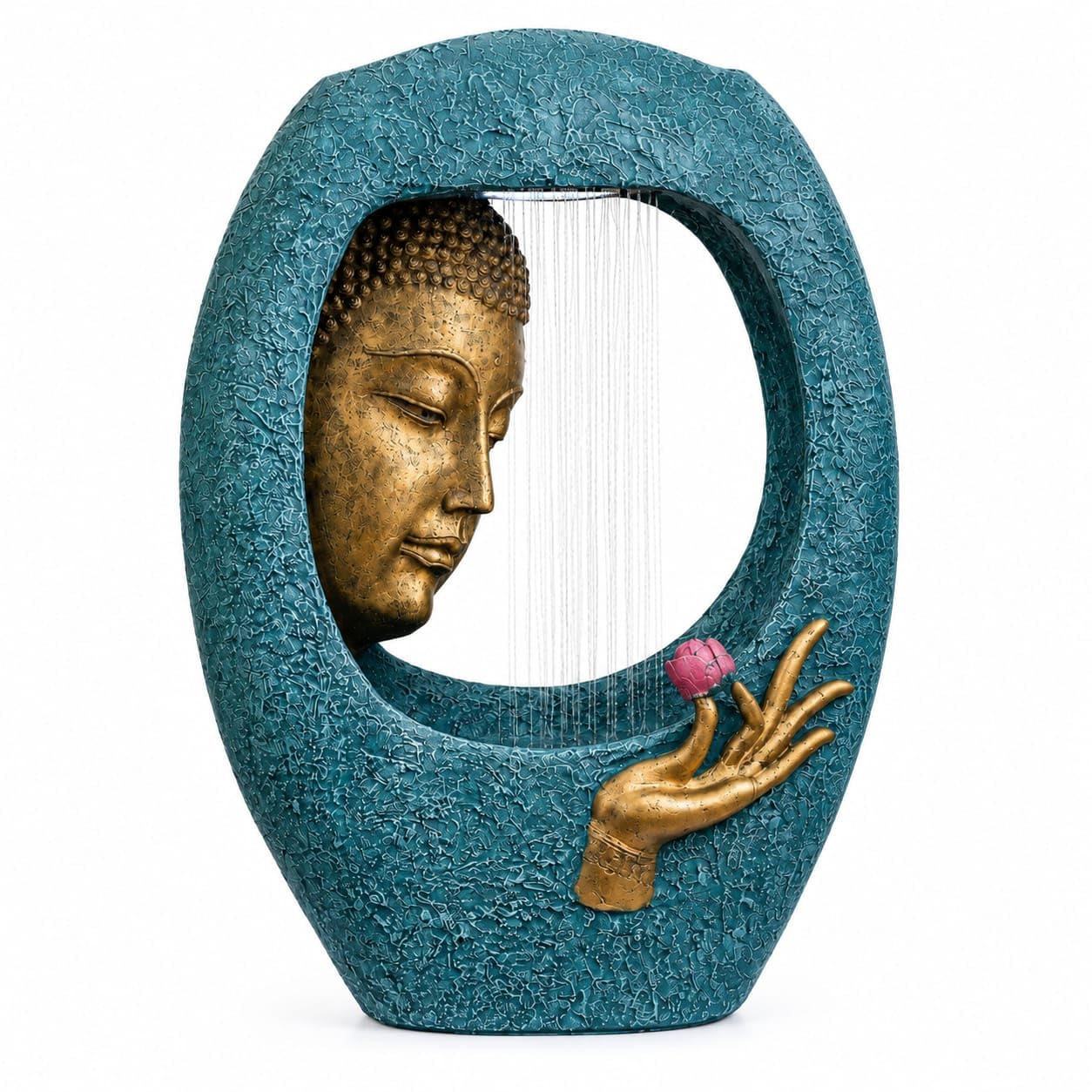 Oval Buddha Face Water Fountain for Home Decor | Indoor Tabletop Buddha Water Fountain with LED Light | Decorative Fiberglass Fountain for Living Room & Office (Blue)-image-30