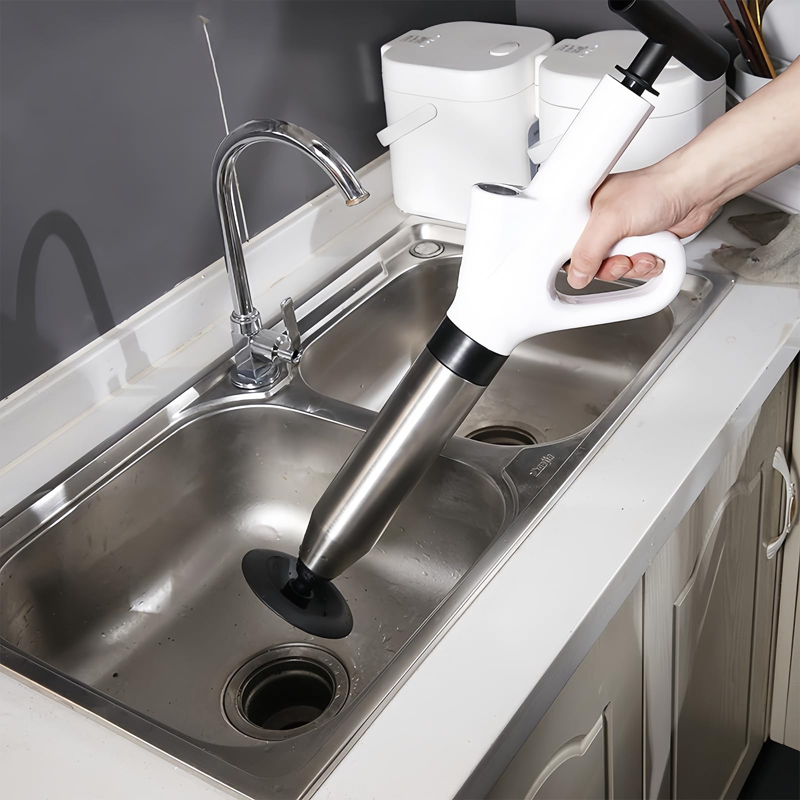 Déboucheur de canalisations à air comprimé, pompe avec 4 adaptateurs en caoutchouc et indicateur de pression atmosphérique, pompe de nettoyage de tuyaux à air comprimé pour toilettes, lavabos, siphon