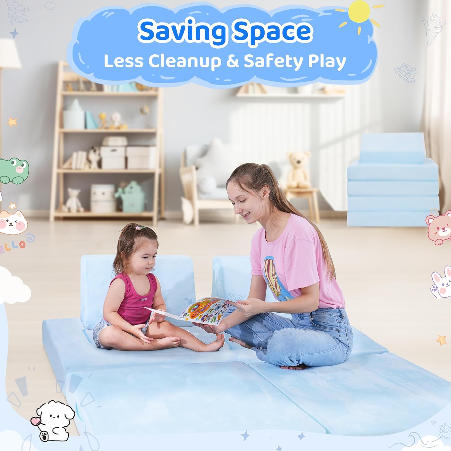 CoziBB Modular Kids Play Couch Convertible - Toddler & Child Sofa DIY Creativing Play Couch for Playroom Bedroom Nursery Freely Removable Versatile Fold Kids Sofa for Playing, Creativity, Sleeping