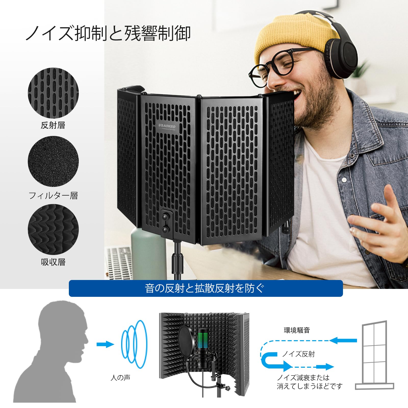 Amazon | Aokeo マイク 防音 吸音材 シールド マイク分離シールド