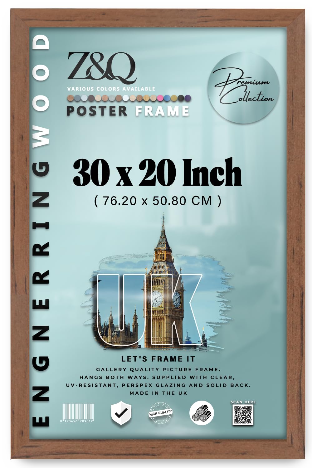 Z&Q | Elegant MDF Picture Frame (76.20 x 50.80 CM) Premium Wood Finish, Home & Office Use 30" x 20" Sturdy Wall Mount, 762 x 508 mm [ Walnut ]