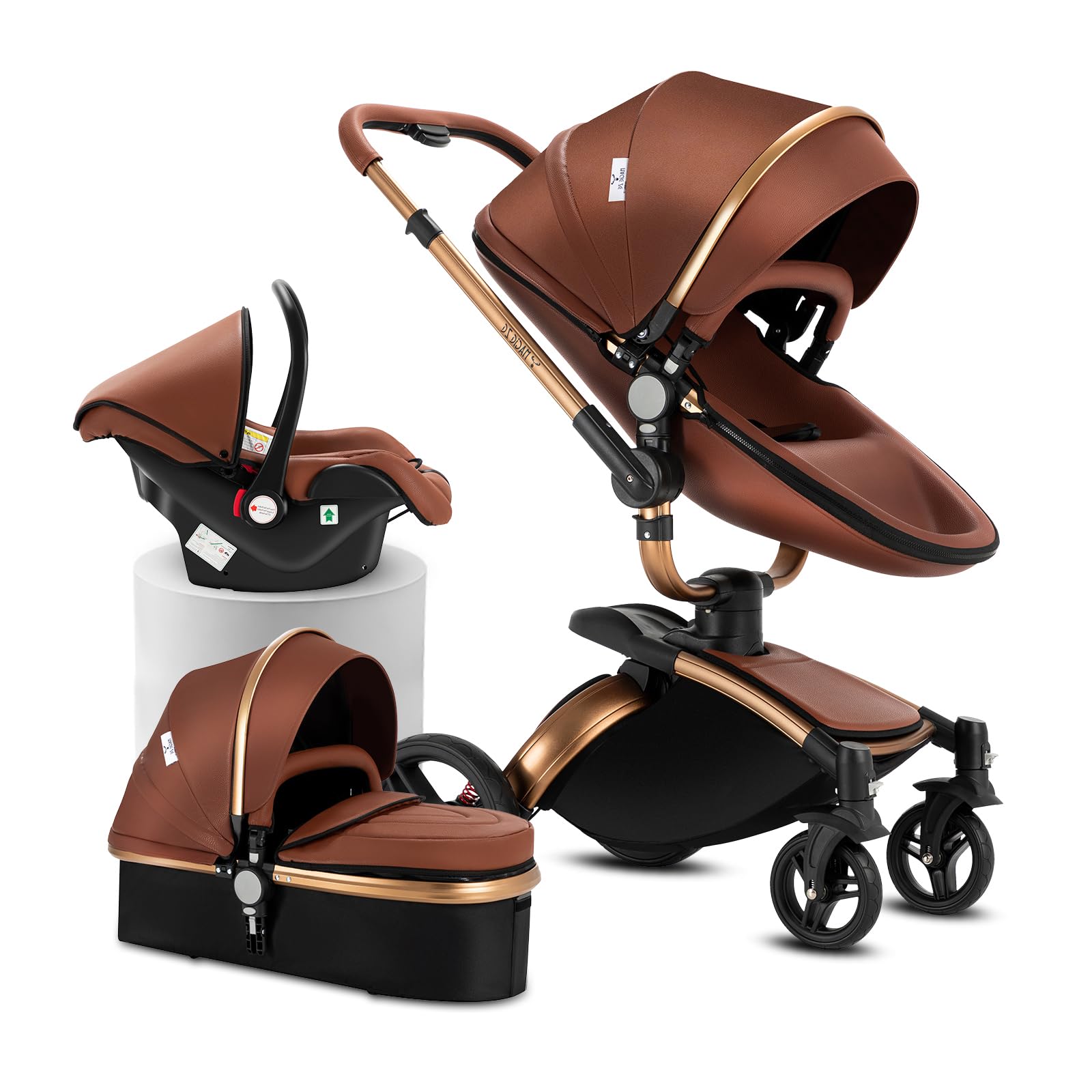Reenborn Pelle PU Passeggino Trio, Passeggino 3 in 1 con Sedili Regolabili Rotanti 360°, Trio con Telaio Alluminio Paesaggistico Alto, Trio Passeggino Neonati Design Pieghevole in Un Clic (906 Brown)