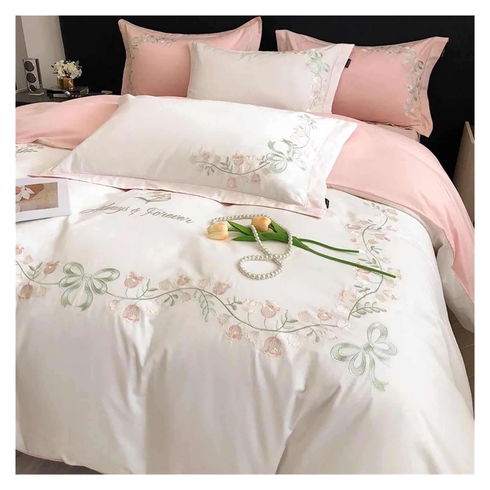 Bed Sheets Set High Embroidery 100 Cotton Bedding Sets Cotton Bedding 4 pcs White A Queen