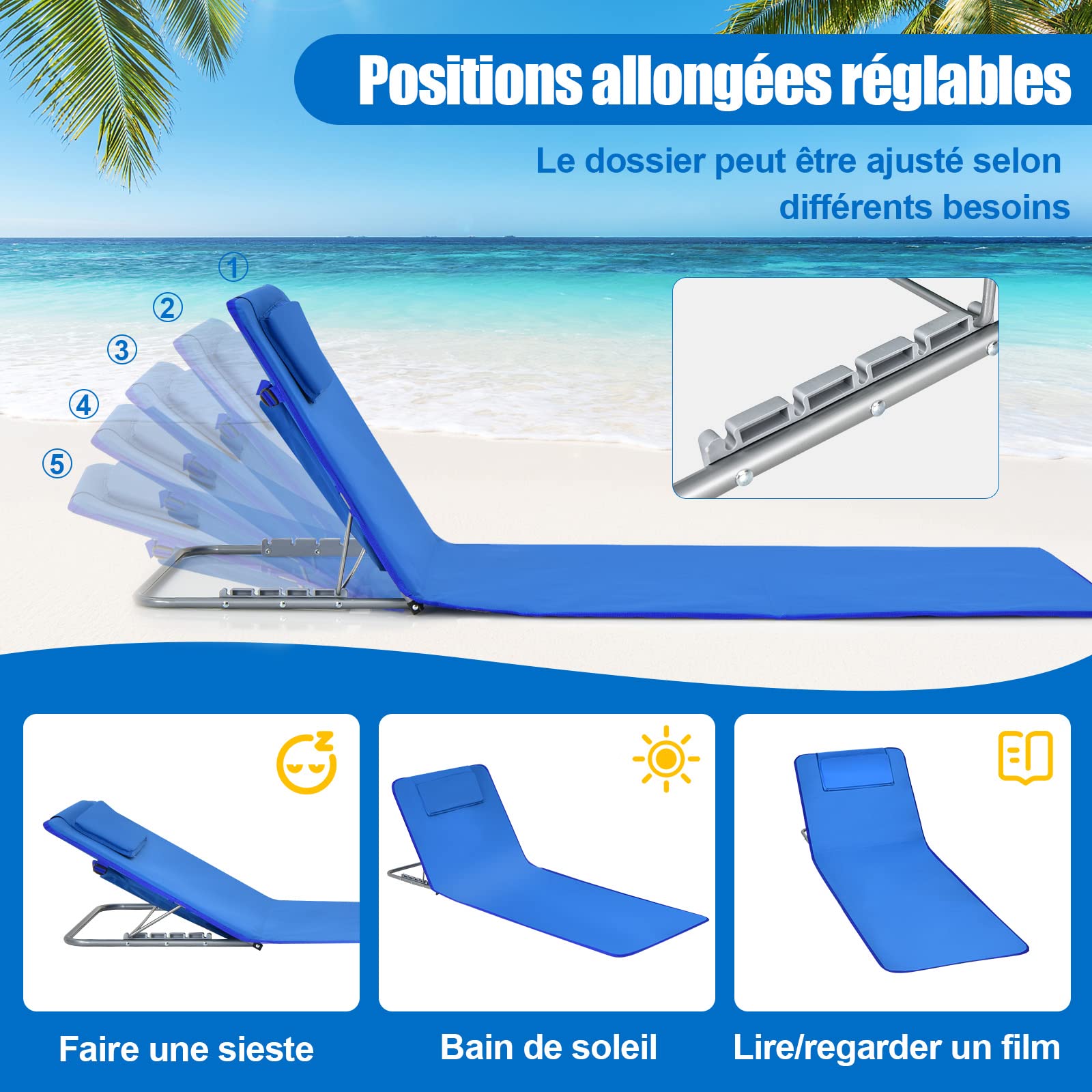 GYMAX Ensemble 2 Transats de Plage avec Table d'Appoint, Pliable et Portable, Dossiers Inclinables Réglables, pour Bain de Soleil, Détente, Bronzage en Plein Air, Pelouse, Balcon, Piscine (Bleu)