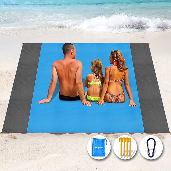 Coperta da Spiaggia 250 x 200 cm Impermeabile, Tappetino da Spiaggia Stuoia Spiaggia Antisabbia, Grande Telo Spiaggia per 5-8 Persone Campeggio, Escursionismo, Picnic (Blu) - 1