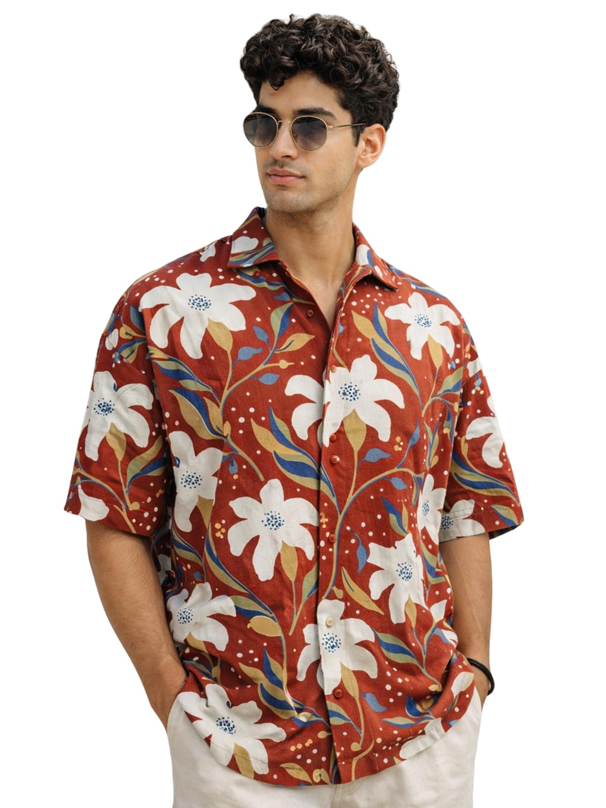 veirdo Men’s Printed Camp Collar Shirt, Oversized Fit, Bold Tropical Floral Design, Resort Wear, Button-Down Summer Shirt for Men, Cotton Fabric (Sizes S to 2XL)-picture-26