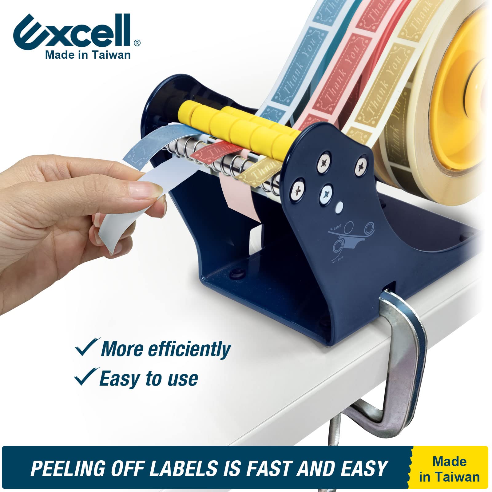 Excell Distributeur d'Étiquettes Manuel avec Pince de Fixation C-Clamp et Séparateur Métallique Dévidoir Triple-Piste pour Entrepôt et Bureau Largeur 76mm pour Mandrin Standard 3 Pouces