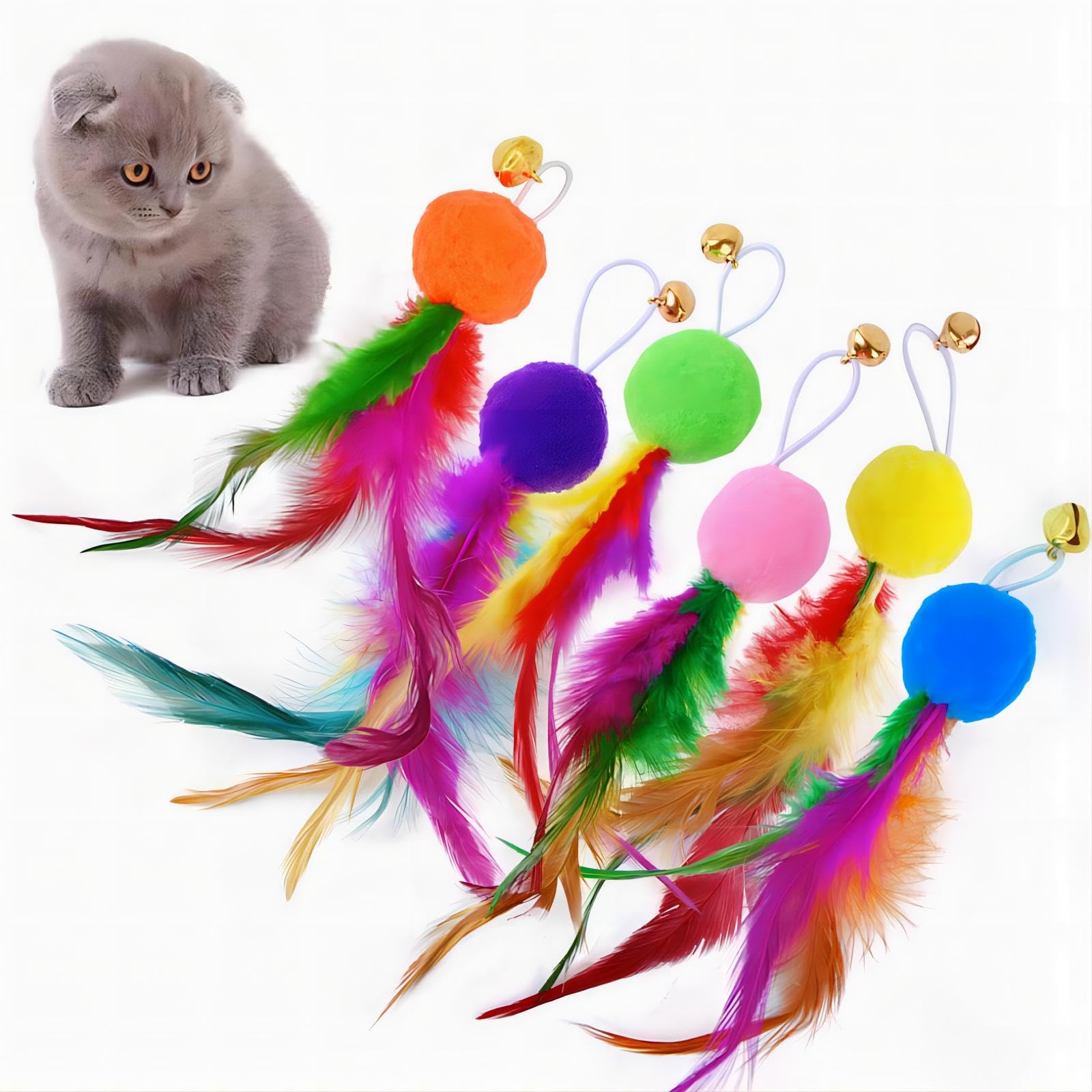 Sunkizzrs® Cat Toys - Interactive Toy Set with Retractable Teaser Wands and Feather Toys - Activity Toys to Exercise Cats and Kittens (Only 6 Feather Balls Replace Heads)