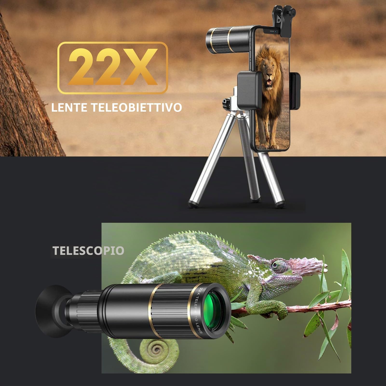Set di obiettivi 4 in 1 con teleobiettivo 22X, obiettivo Fisheye 205°, obiettivo grandangolare 4K 0,67X, obiettivo macro 25x, clip per obiettivo, labbro del telefono e treppiede per smartphone