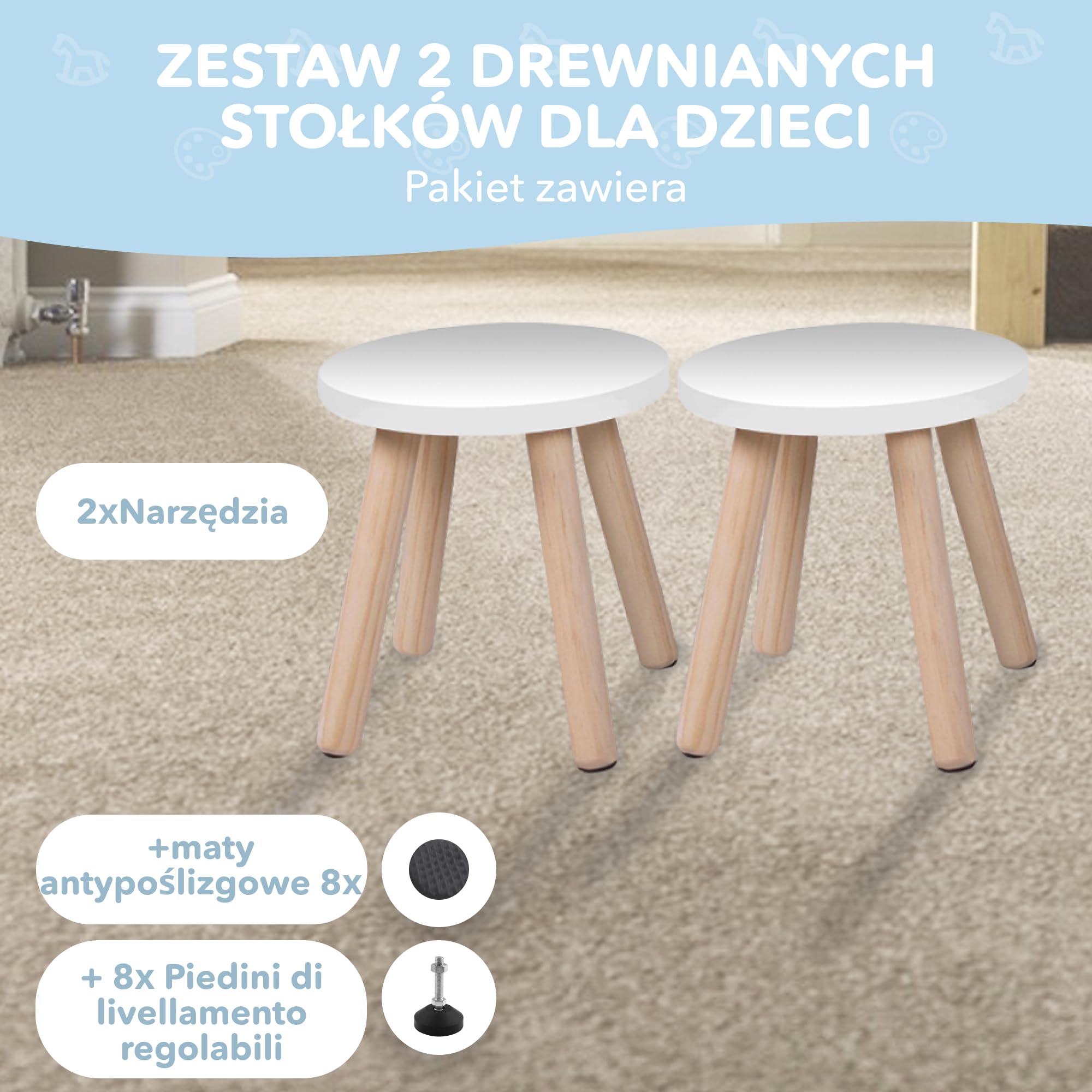 Cateam Drewniany stołek ze stopniem dla dzieci i małych dzieci - Zestaw 2 sztuk - Biały - Krzesło dziecięce z rozkładanymi nogami - Stołek sensoryczny - Okrągły stołek do siedzenia dla dzieci