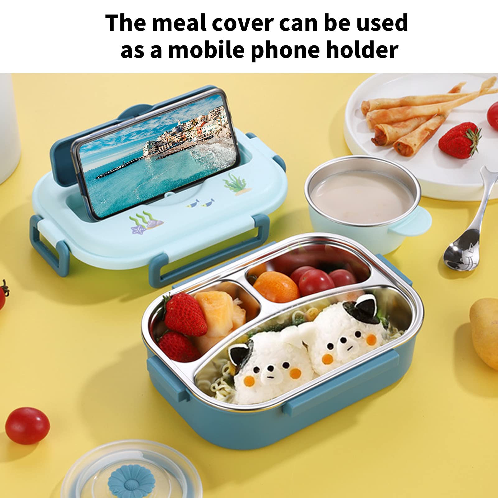 HEEPDD Stainless Steel Lunch Box for Kids Leak Proof 3 Compartments with Tableware BPA Free Portions Stainless Steel Box for School Home Office Travel Use Blue - Image 4