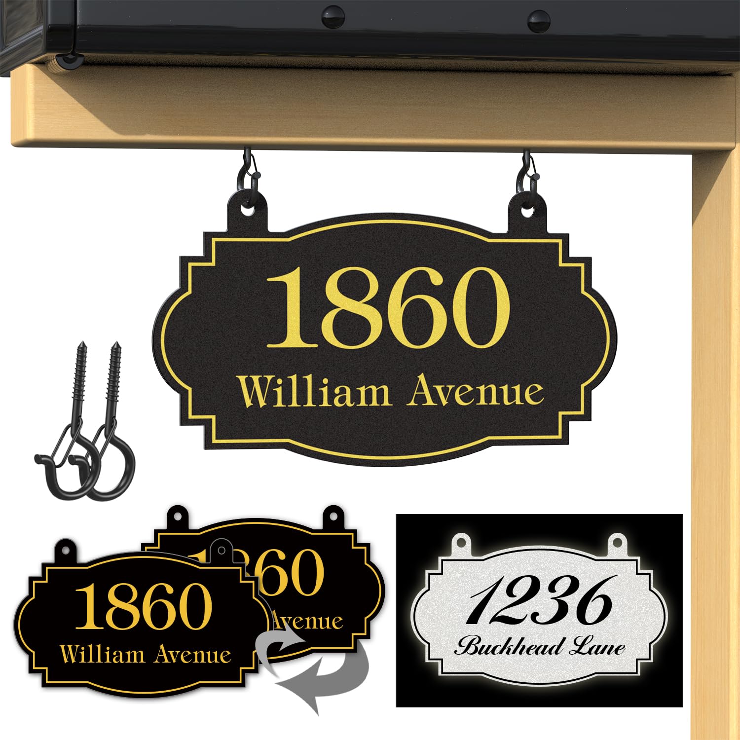 Custom Hanging Address Sign, Metal House Number for Outdoor, Mailbox Number, Address Plaque (13" x 7.5"), Yard Sign, Displays Street Name, High Visibility, Easy Install, Multiple Colors and Fonts (A1)