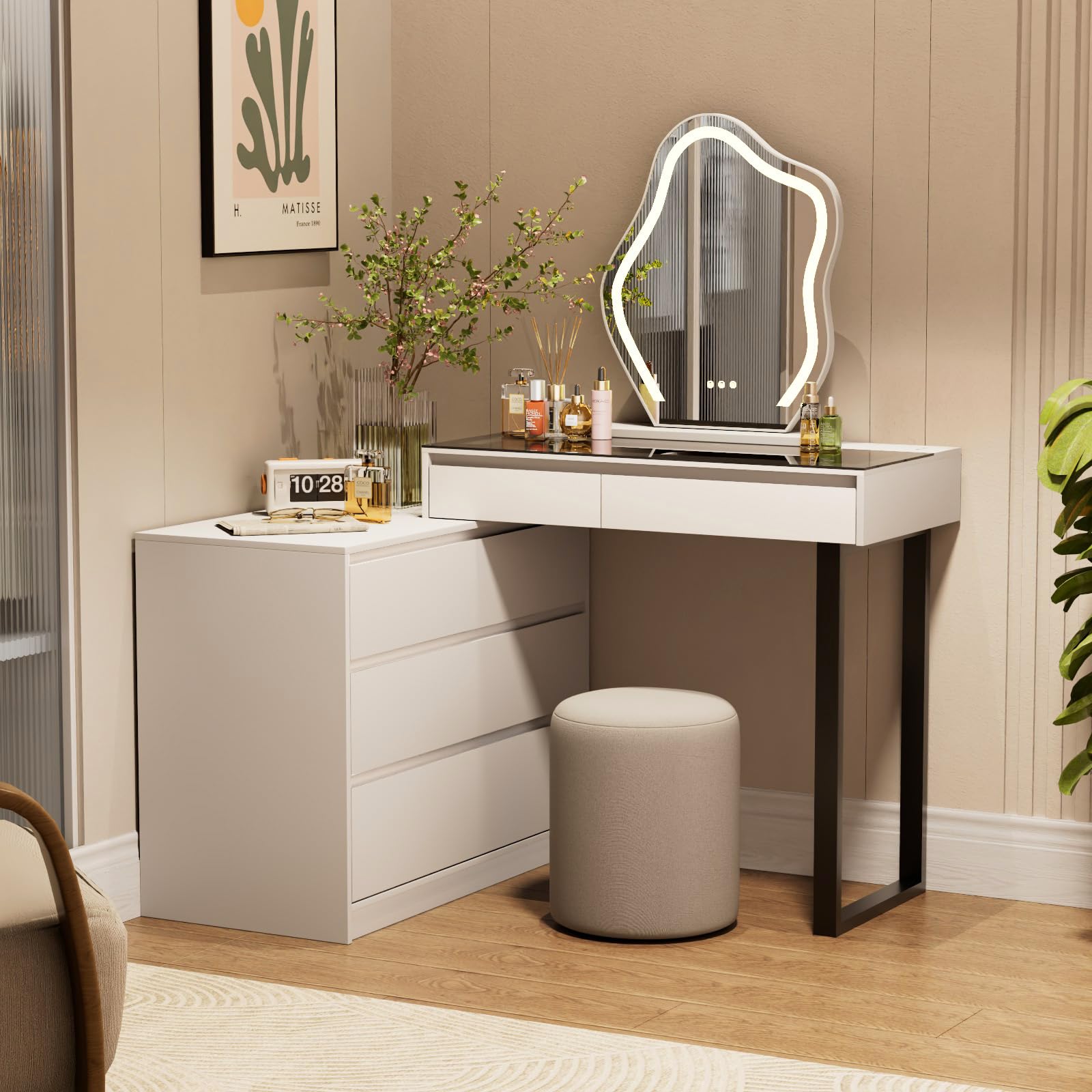BROTTAR Schminktisch mit Verstellbaren LED-Beleuchtung, Dressing Table mit Spiegel, Vanity Desk mit 5 Schubladen, Ecke Vanity, L-Form ändern, Eckschminktisch mit Glasplatte, Weiß