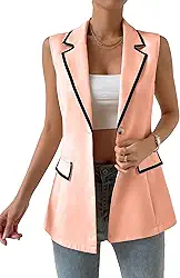 Blazer feminino contrastante com lapela e gola sem mangas, colete para trabalho e escritório, Rosa coral, P