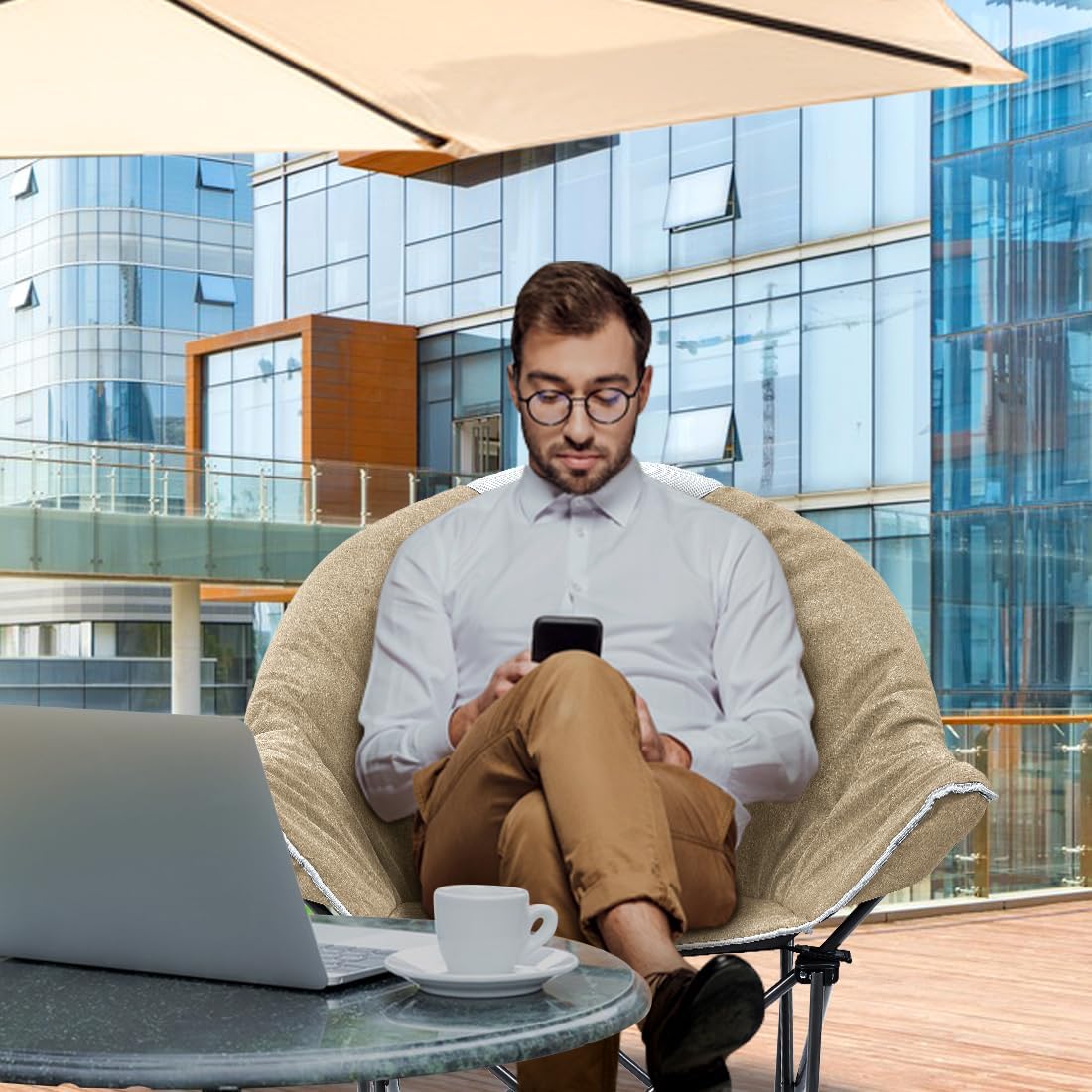 OUTDOOR LIVING SUNTIME Oversized Padded Camping Chair,Portable Comfy Outdoor Folding Moon Round Saucer Chairs for Adults with Holder and Carry Bag, Perfect for Hiking Lawn Patio Sports（Beige 2 Pack）