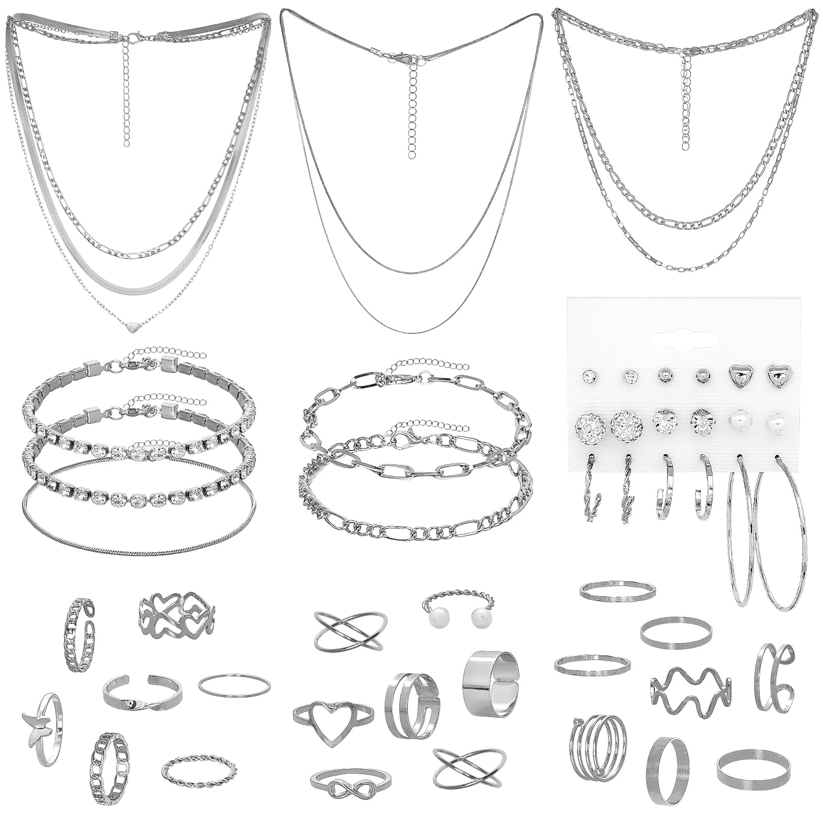 Gvhntk Gold/Silver Jewelry Set for Women Layered Bracelets Ball Dangle Hoop Earrings Stackable Knuckle Rings Set Dainty Adjustable Necklaces Valentine Anniversary Trendy Party Costume Accessories Jewelry