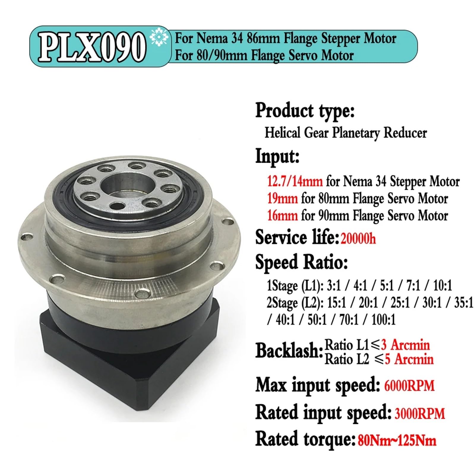 1 x hochpräzises Planetengetriebe ≤3 Arcmin | Drehregler NEMA23/NEMARotary 3:1-100:1 für 60/80/90/130 (PLX060 8mm Input, Speed Ratio 100 to 1)