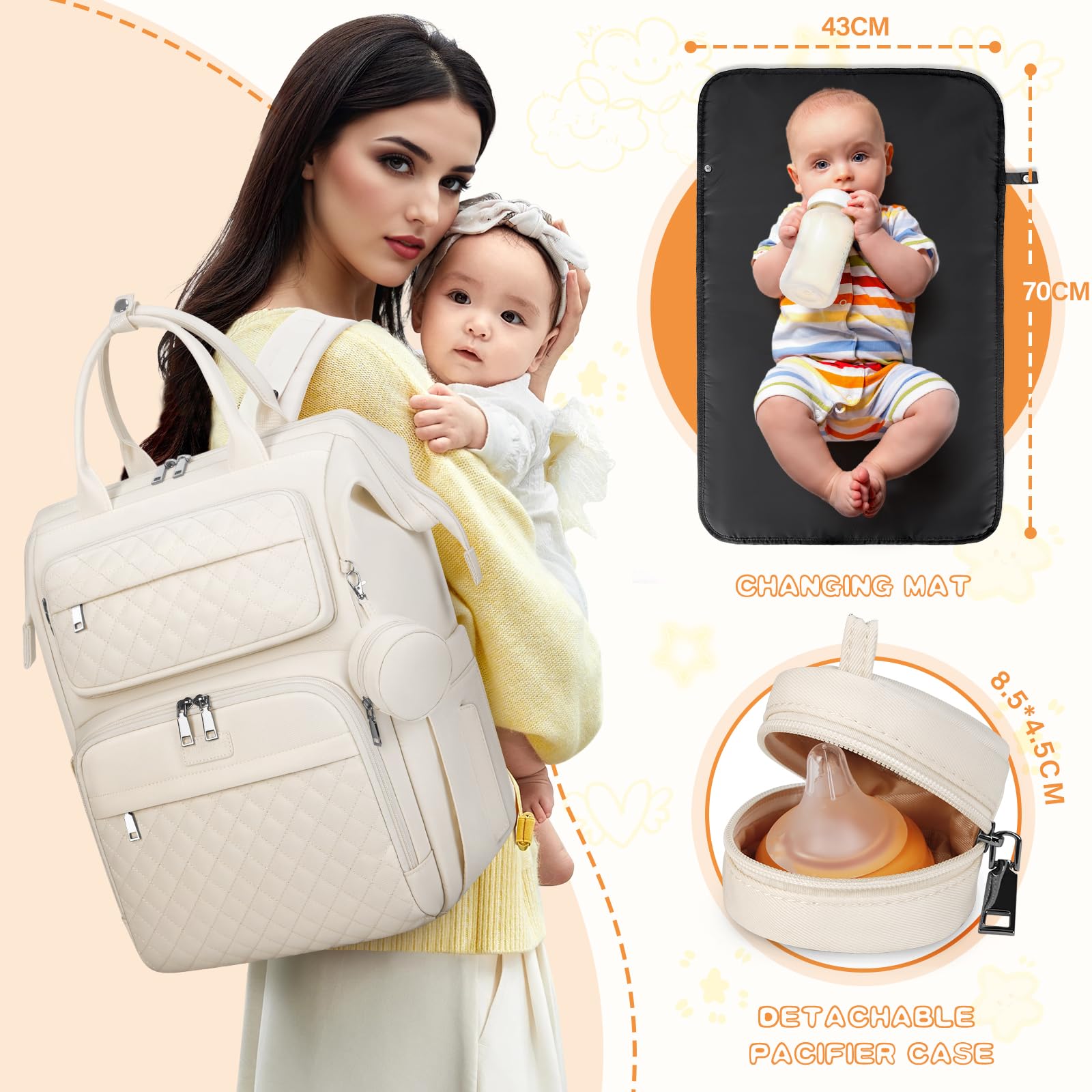 RAINSMORE Baby Wickelrucksack Groß Wickeltasche Rucksack mit Wickelauflage Schnullerhalter Kinderwagengurten Babytasche Diaper Bag Multifunktions für Mama und Papa Aprikose