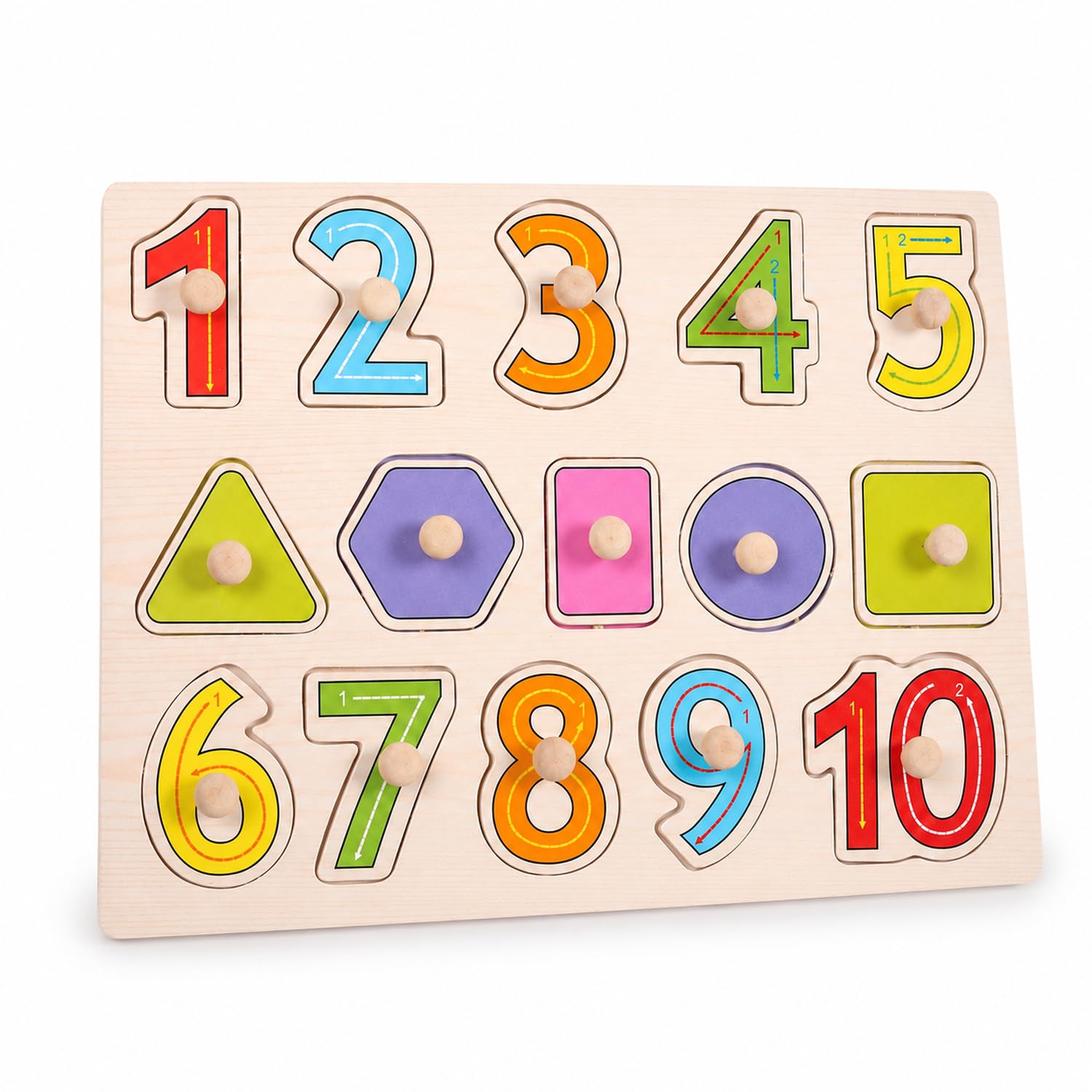 Wooden Toddler Puzzle, Colorful Wooden Number and Shape Recognition Board