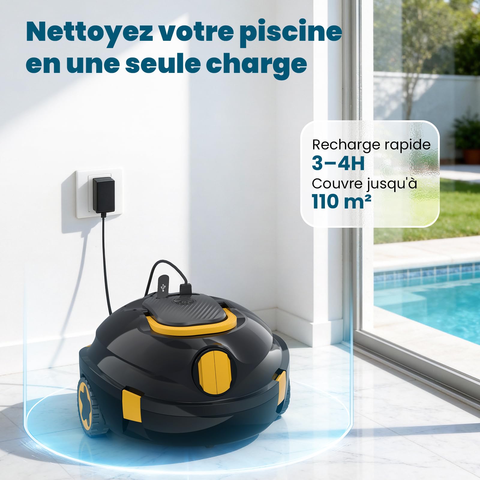 Robot Nettoyeur de Piscine sans Fil | Aspirateur de Piscine Automatique, 120 Min d'autonomie, Auto-Stationnement & Ultra Léger | Robot pour Piscine Hors-Sol ou Enterrée à Fond Plat jusqu'à 110 m²(BL)