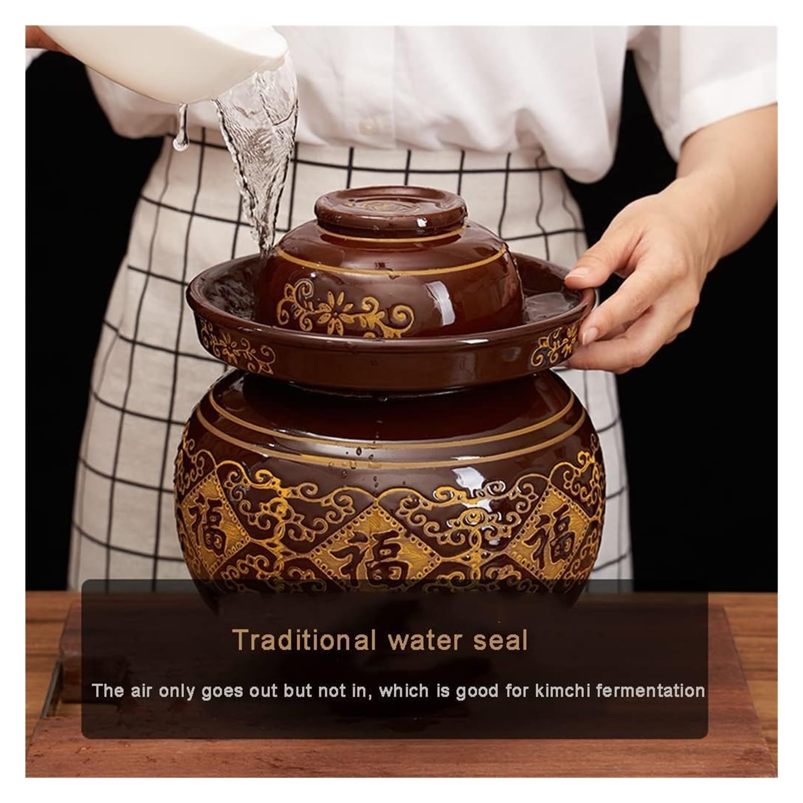Tarro de fermentación para chucrut y encurtidos, tarro de cerámica tradicional con tapa hermética de sellado de agua, diseño grueso grande
