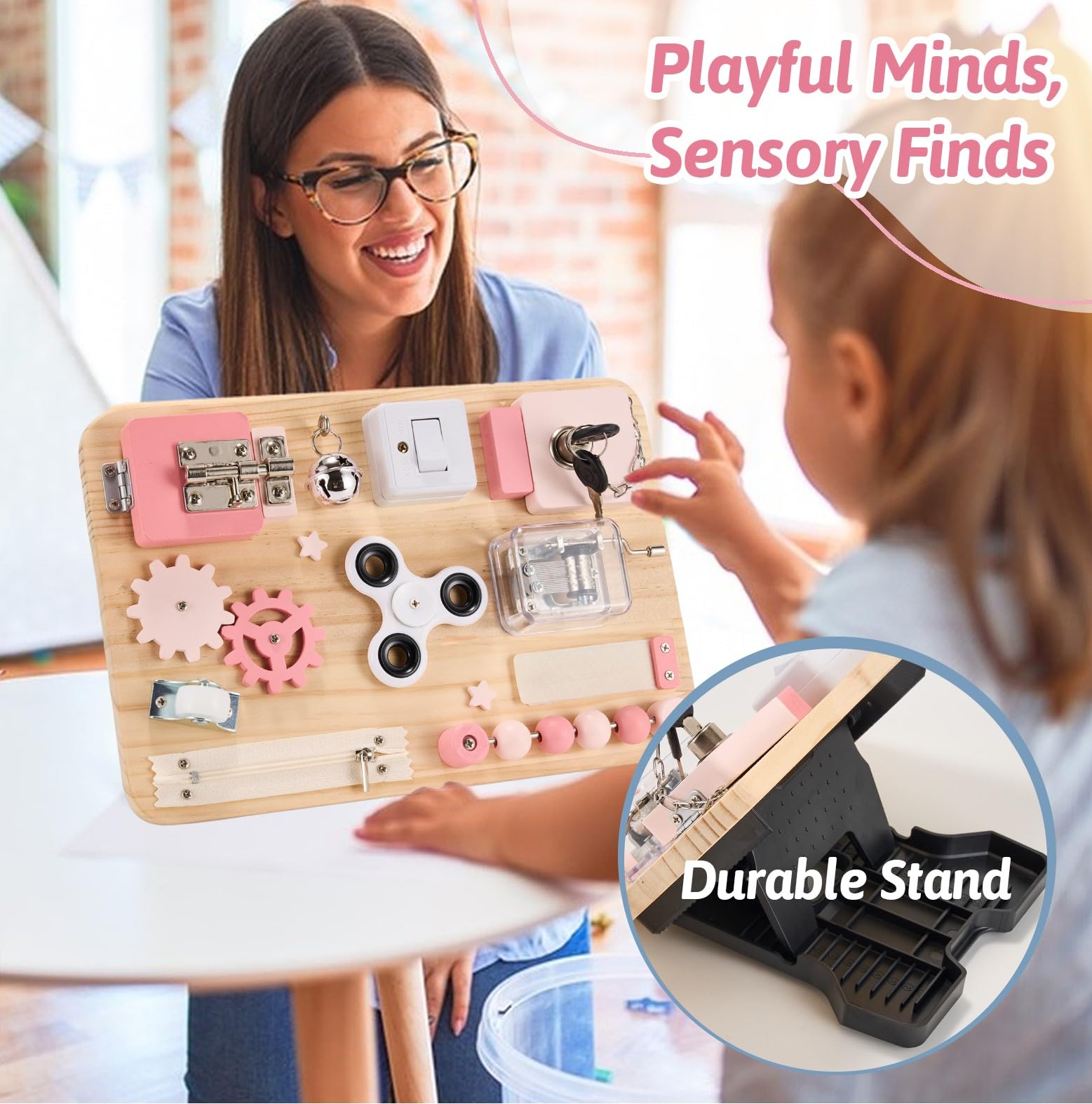 Potatomato Montessori Rosa Busy Board de Madera – Juguete sensorial y Educativo para niños – Actividades manuales, Juegos y Viaje – Regalo para niña o niño – Juguetes Montessori