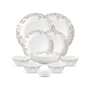 La Opala Opal Glass Crockery | for Family of 2 | Dinner Set 10 pcs Spring Meadows | Plates & Bowls for Dining | Microwave Safe | 100% Vegetarian | Extra Strong | Extra Light & White
