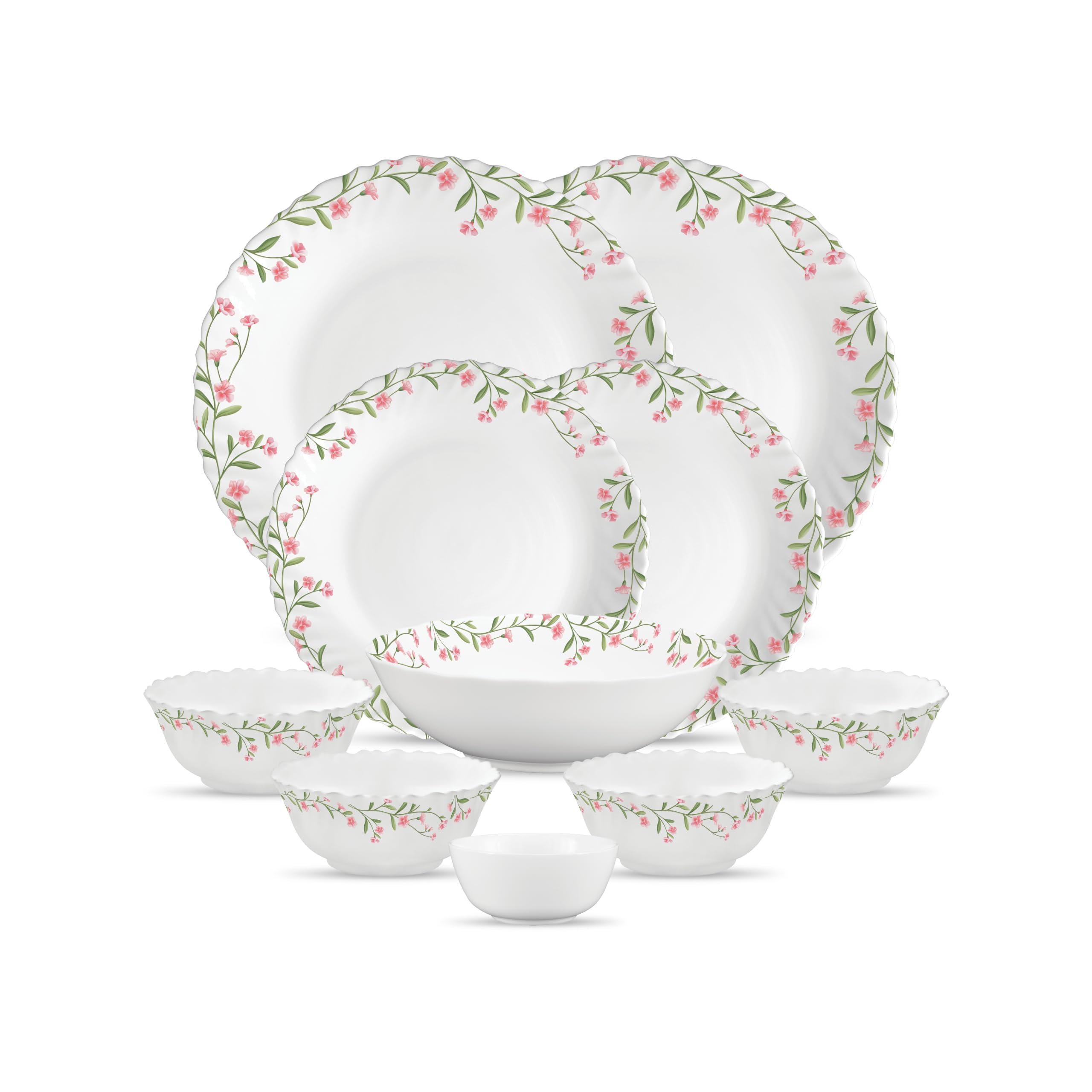 La Opala Opal Glass Crockery | for Family of 2 | Dinner Set 10 pcs Spring Meadows | Plates & Bowls for Dining | Microwave Safe | 100% Vegetarian | Extra Strong | Extra Light & White-image-4