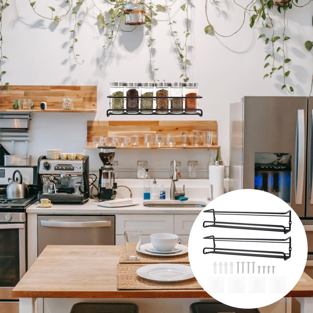 2 piezas Estantería de Cocina Negra Montada Pared para Especieros y Botes de Condimentos de Unidades para Organizar y Ahorrar Espacio Armarios y Mesas