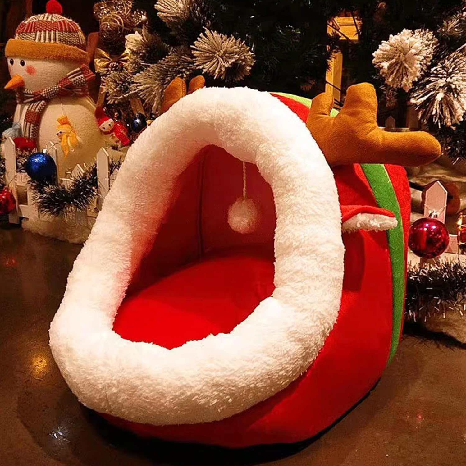 Christmas Cat Bed for Indoor Cats House, Red Reindeer Pet Bed Semi Enclosed Removable and Washable Dog Bed Winter Warm Cat Beds House for Kittens and Small Animals, Warm Cat Cave Beds for Christmas