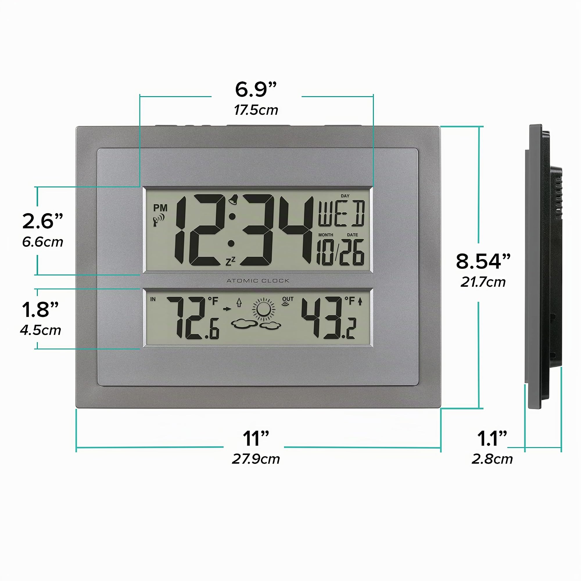 La Crosse Technology 512-85937-INT Orologio da parete digitale atomico con temperatura e previsioni in grigio/argento