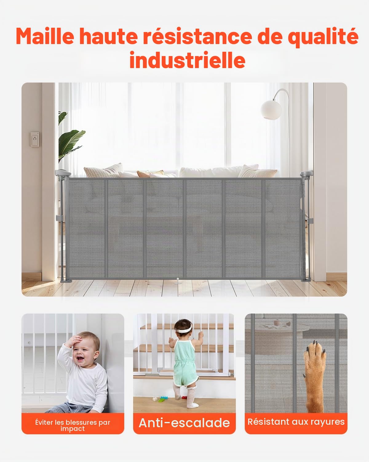 VEVOR Barrière de Sécurité Extensible Jusqu’à 180 cm Hauteur 87 cm, Barrière Rétractable pour Animaux de Compagnie, Clôtures en Mailles, Installation Facile, pour Chiens Couloir Escalier Porte, Gris