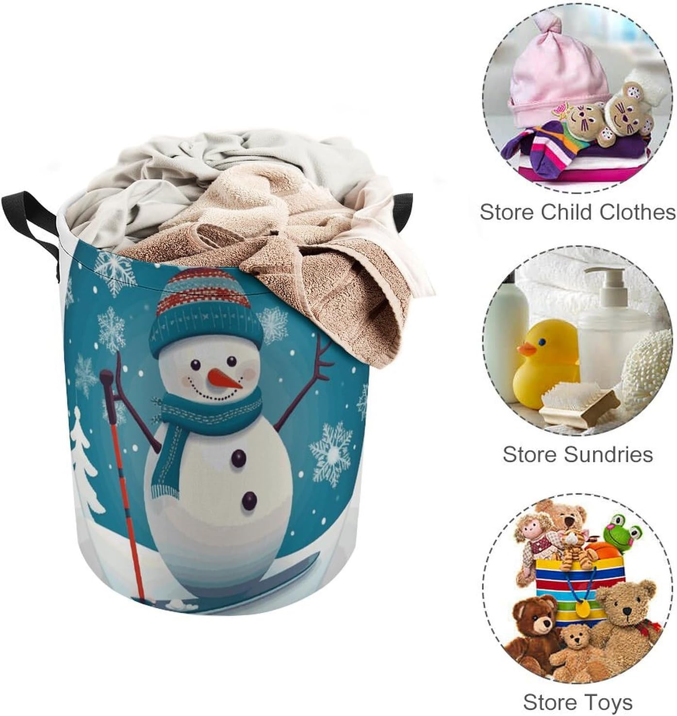 Lovely Christmas Cartoon Skiing Snowman Snowflake Laundry Basket with Lid Collapsible Waterproof Laundry Hamper Large Drawstring Clothes Hamper Storage Bin with Handles for Home Bathroom Bedroom Dorm