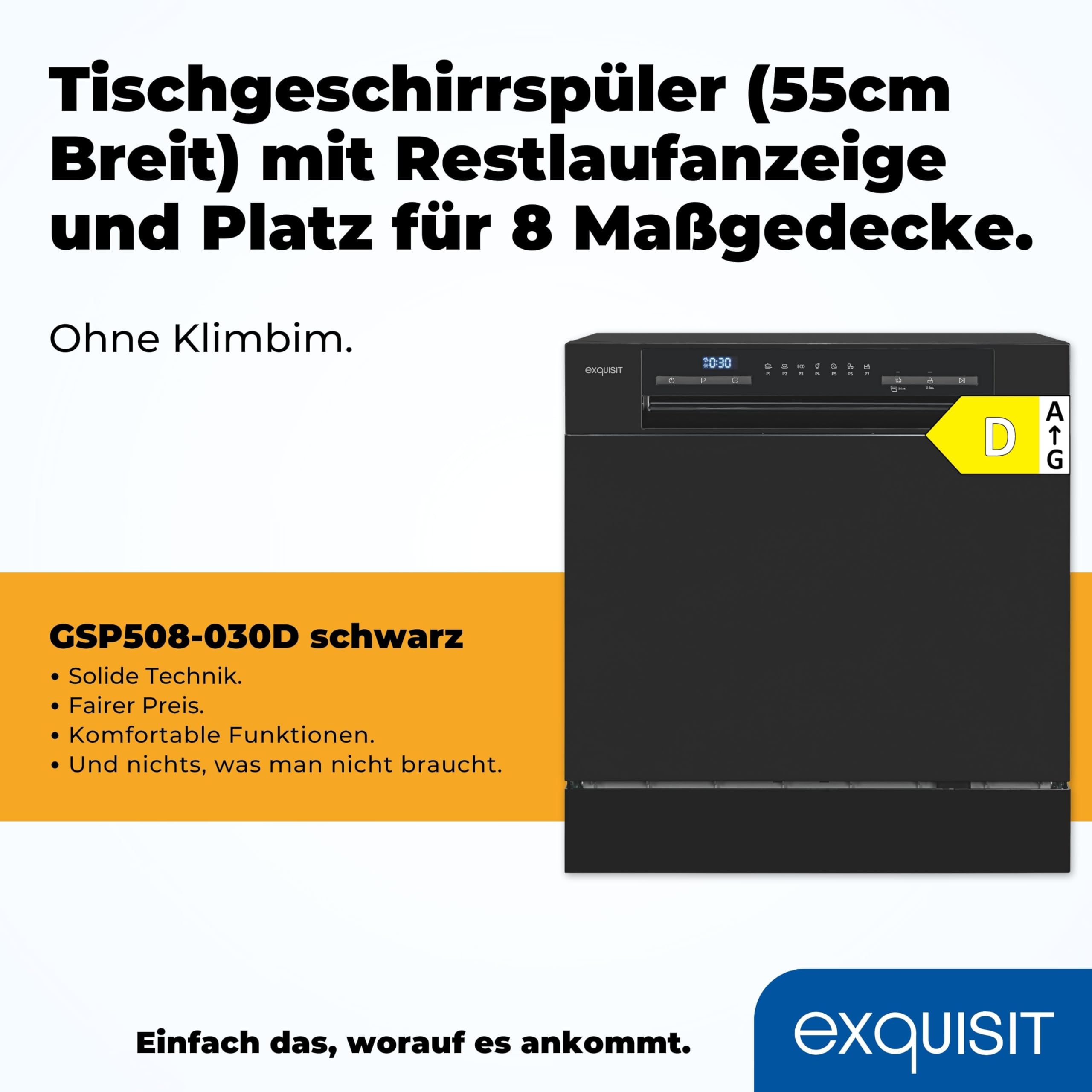 Exquisit GSP508-030D Tischgeschirrspüler, 55 cm breit, 8 Maßgedecke, 7 Programme, schwarz